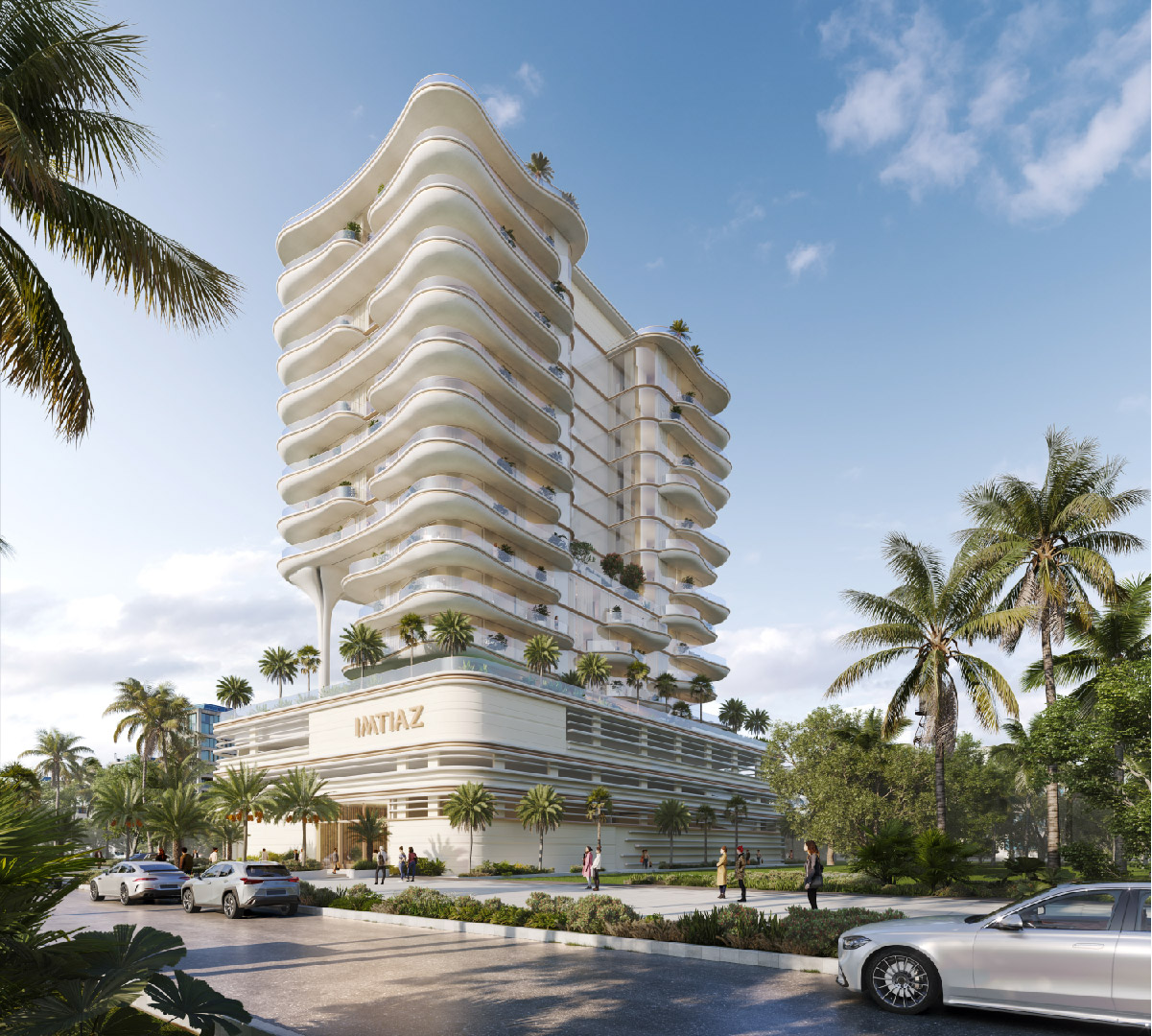 Beach Walk Residence A modern multi-story building with curved balconies, surrounded by palm trees and a driveway, under a clear sky.
